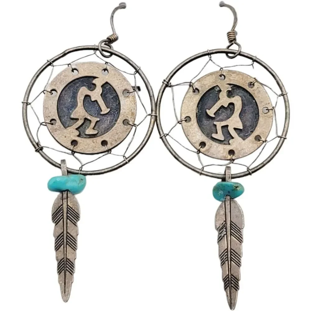 Vtg Navajo Kokopelli Sterling Silver Dream Catcher Earrings‎ with Turquoise